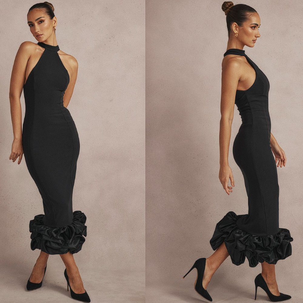 House of CB 'Juniper' Black Peplum Midi NWT